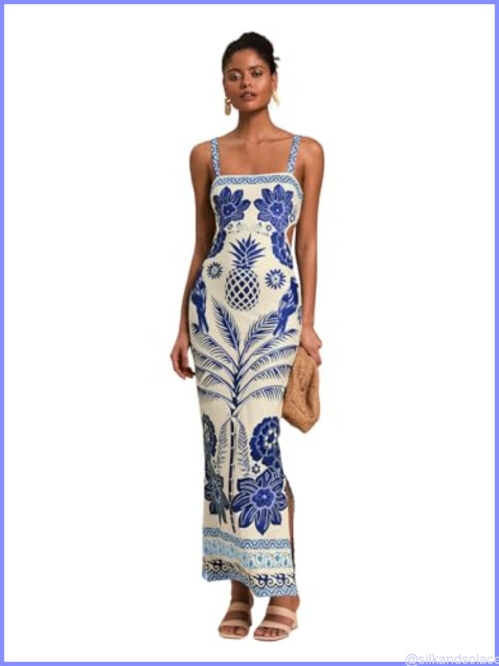 Sleeveless Maxi Dress Tie Back Tropical Print Split Hem